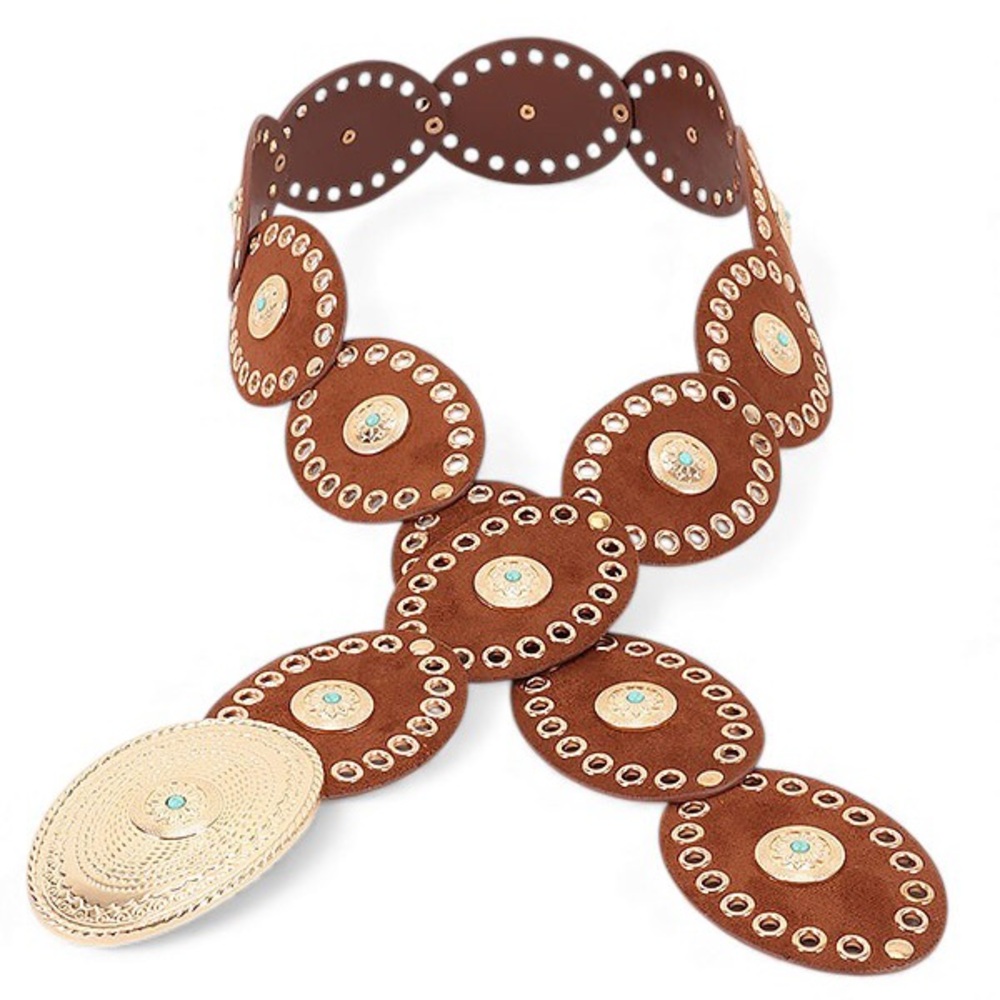Plus Size Brown Leather w/ Gold Accents Concho Statement Belt - Picture 4 of 7